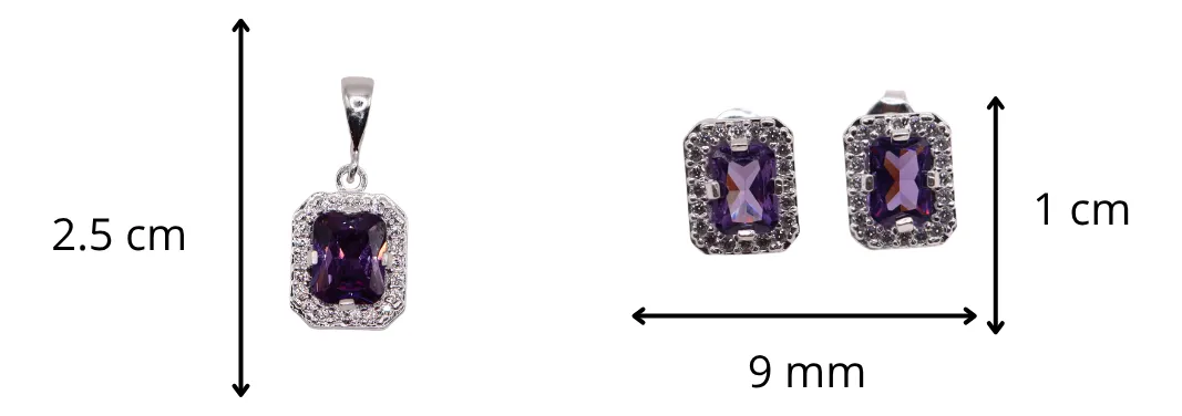 Aretes + Dije Cuadro Morado en Plata .925
