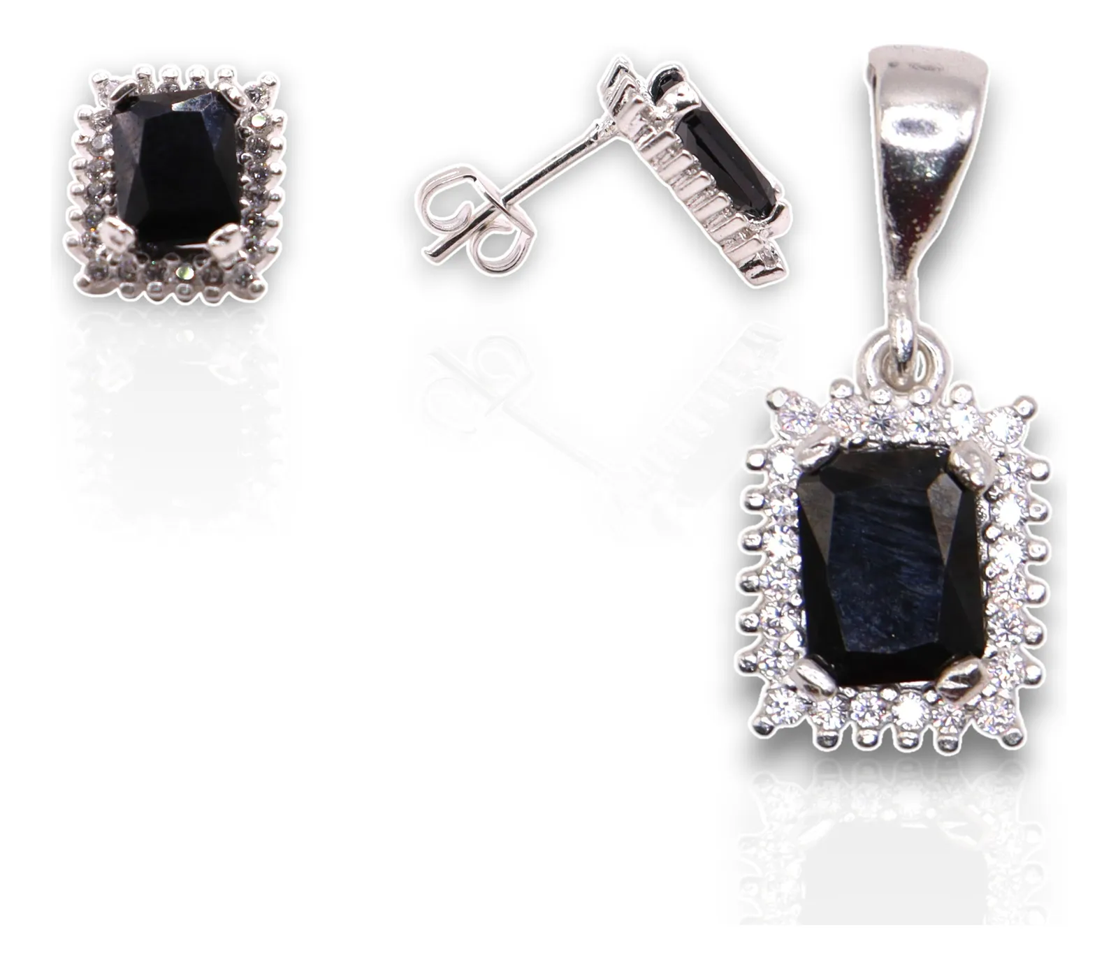 Aretes + Dije Cuadro Negro en Plata .925