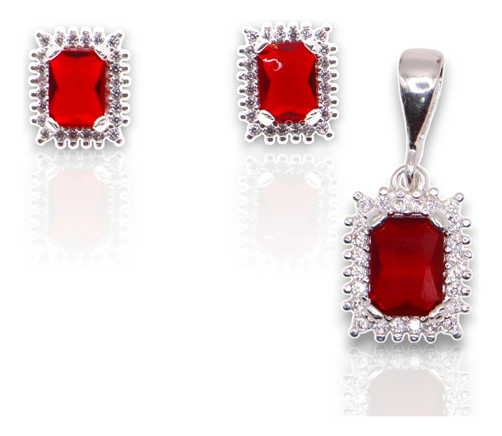 Aretes + Dije Cuadro Rojo en Plata .925