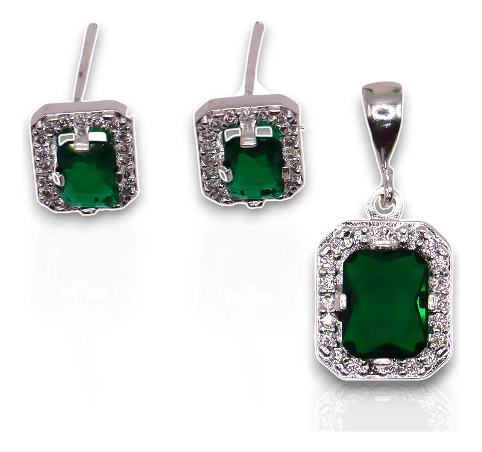Aretes + Dije Cuadro Verde en Plata .925