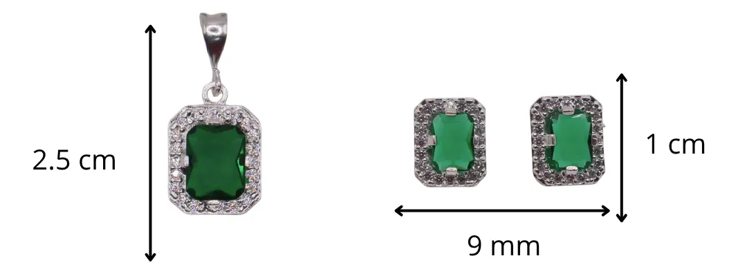 Aretes + Dije Cuadro Verde en Plata .925