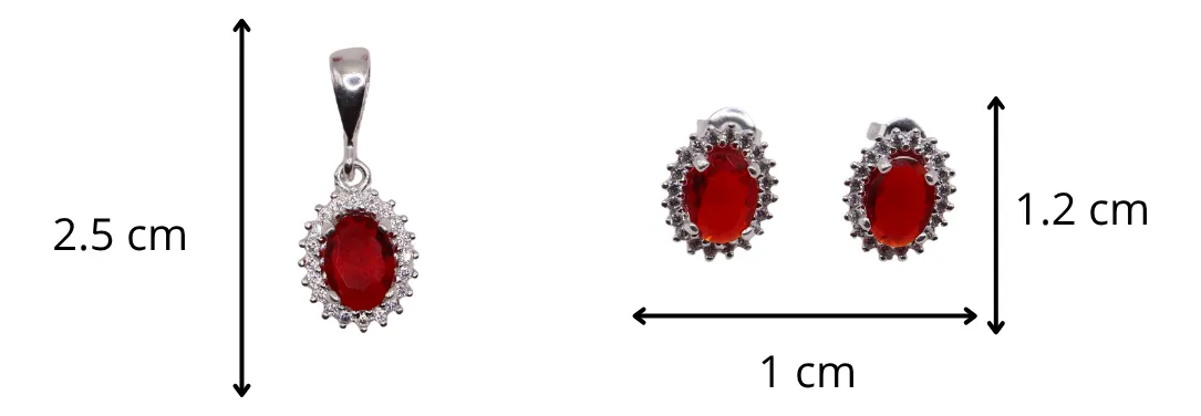 Aretes + Dije Ovalo Rojo en Plata .925