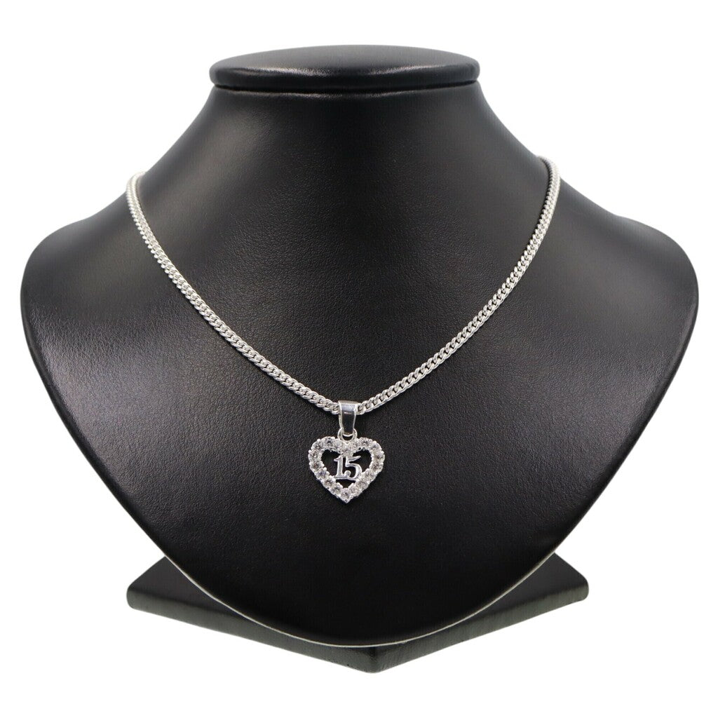 Dije 15 Años Corazón Flores Circonia Blanca + Cadena en Plata .925