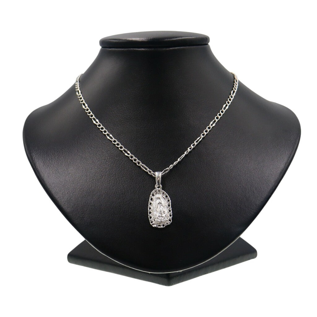 Dije Virgen De Guadalupe Corazones + Cadena en Plata .925