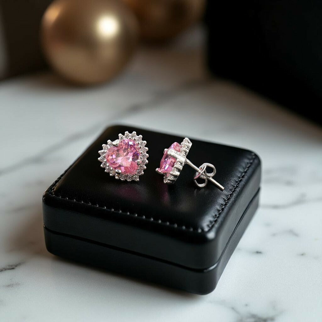 Juego de Corazon Rosa de Plata .925