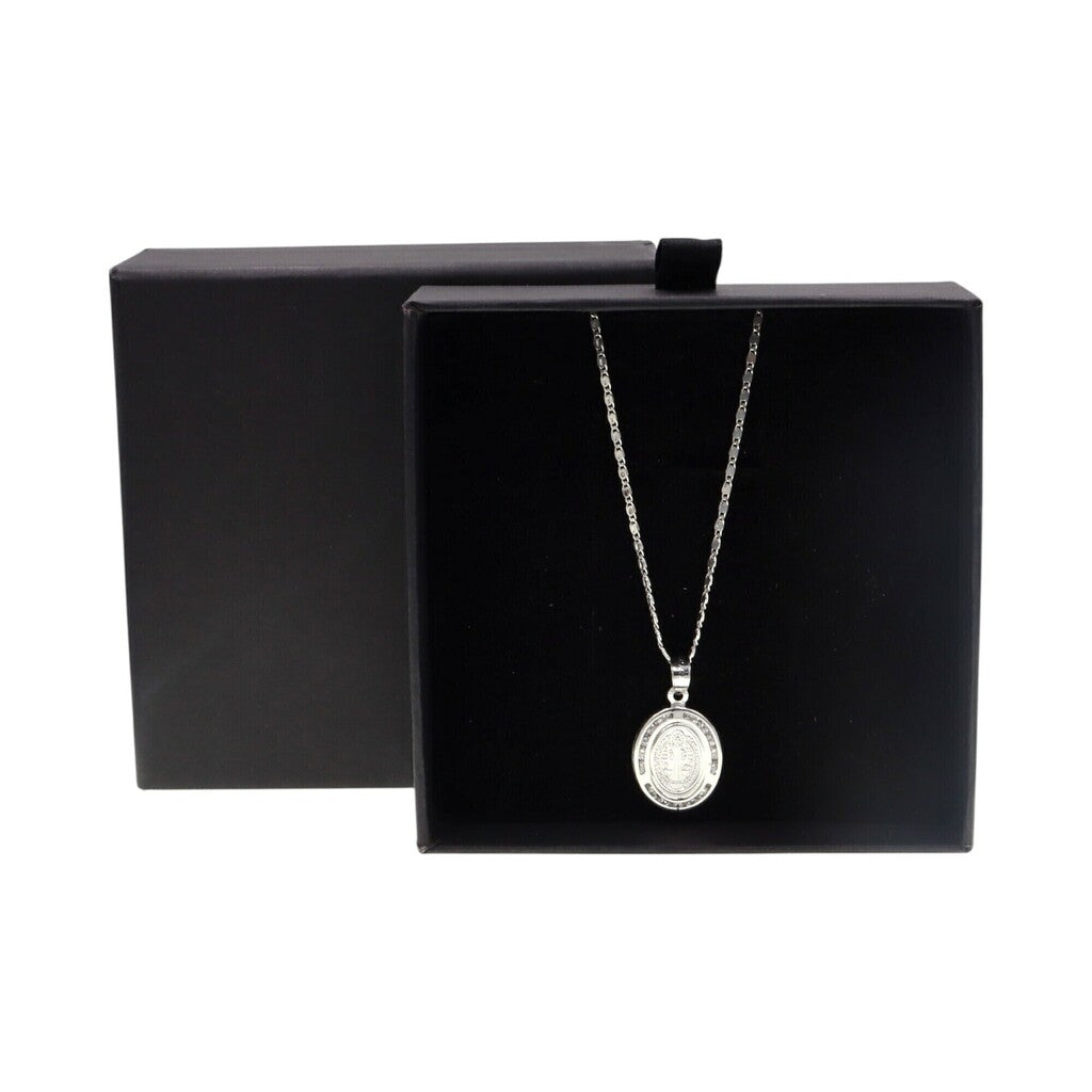 Medalla de San Benito Ovalada + Cadena en Plata .925