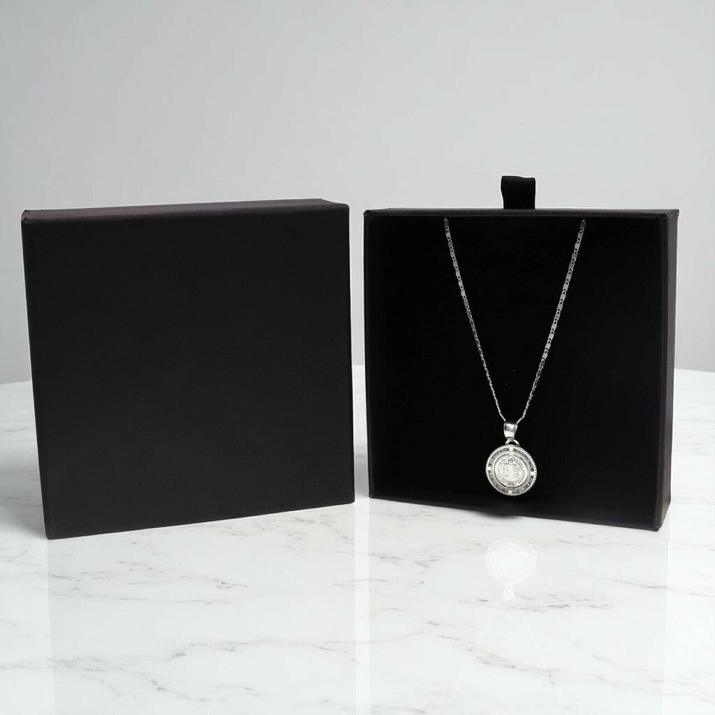 Medalla San Benito Circular + Cadena en Plata .925