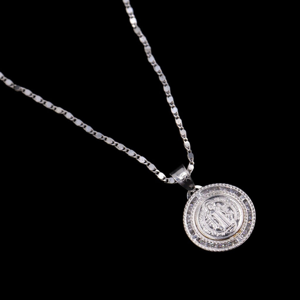 Medalla San Benito Circular + Cadena en Plata .925