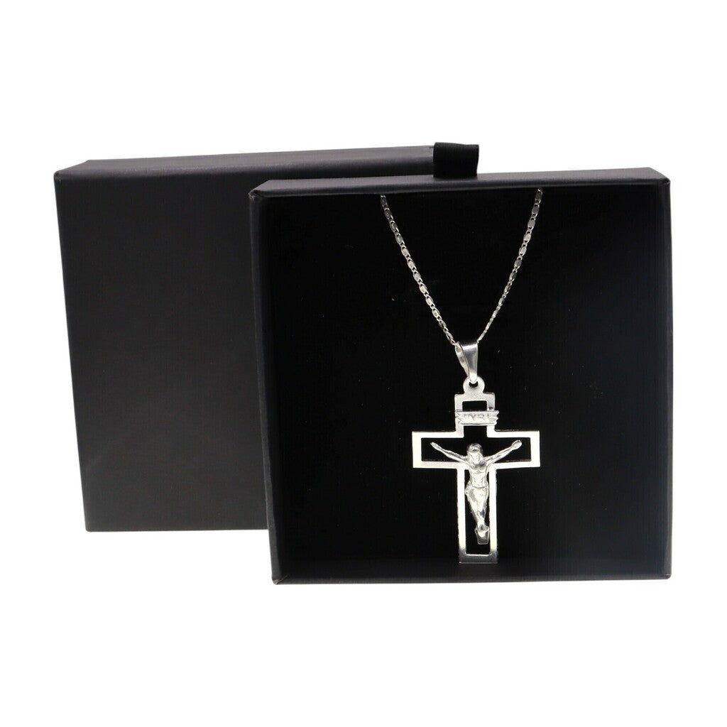 Dije Jesus Con Controno De Cruz Grande + Cadena en Plata .925