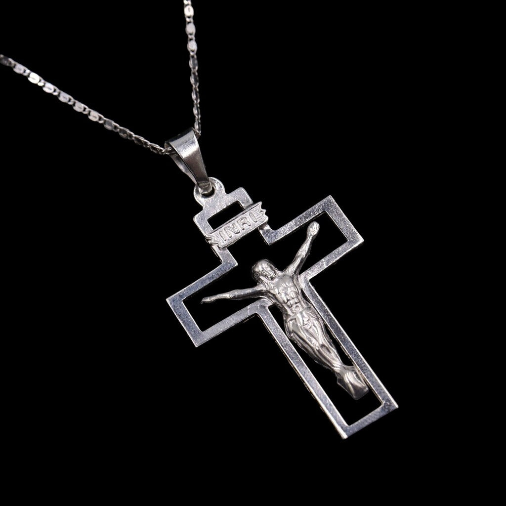 Dije Jesus Con Controno De Cruz Grande + Cadena en Plata .925