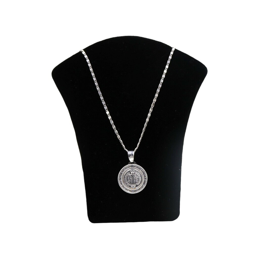 Medalla San Benito Circular + Cadena en Plata .925