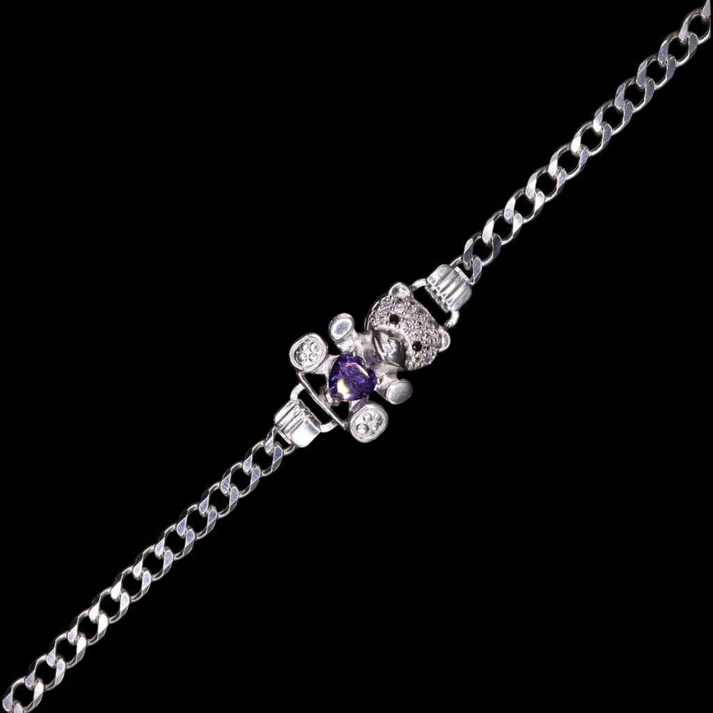 Pulso De Plata .925 Estilo Barbado Con Oso Morado 18 cm