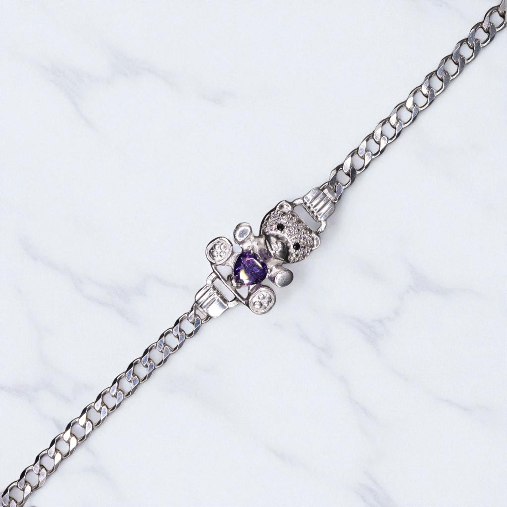 Pulso De Plata .925 Estilo Barbado Con Oso Morado 18 cm
