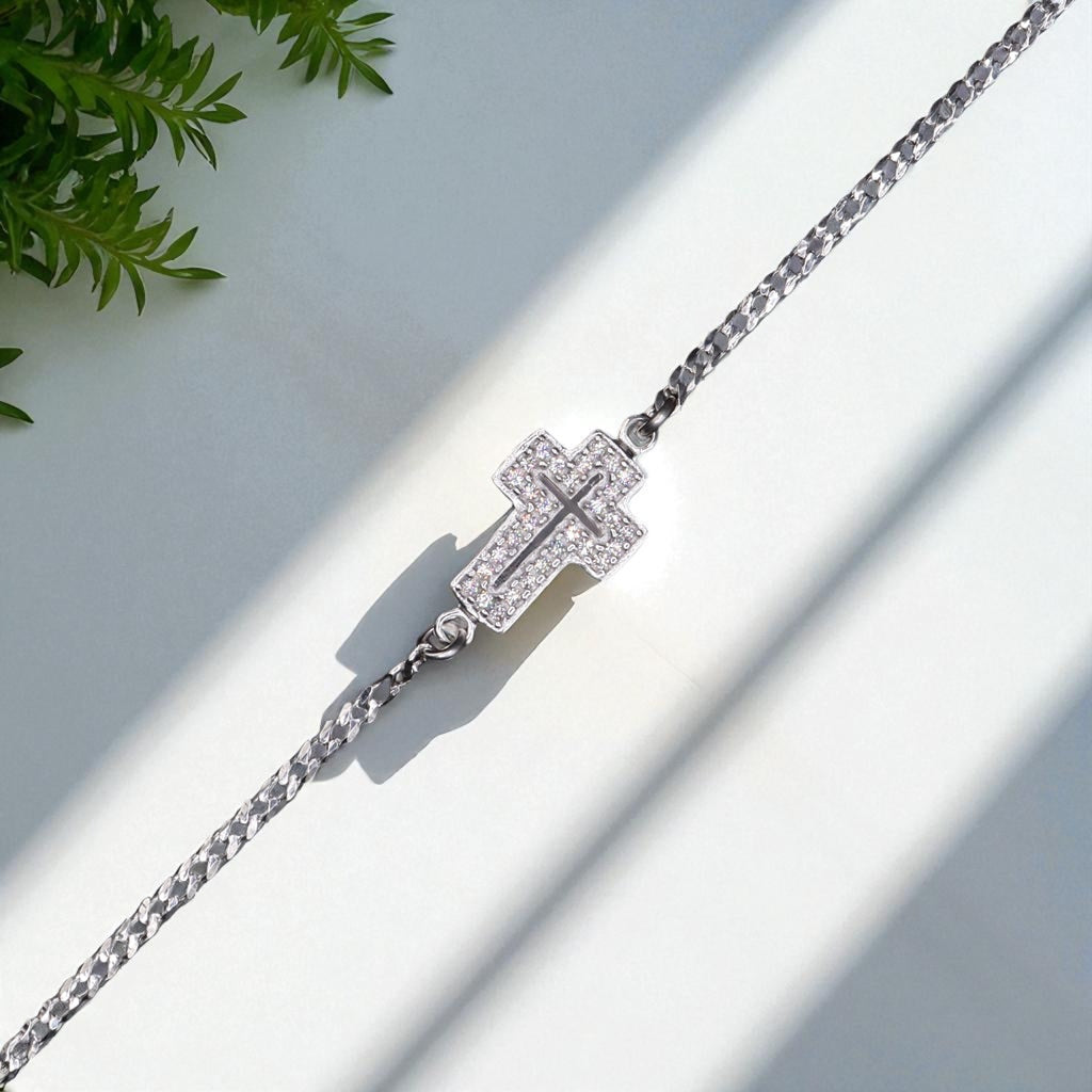 Pulso De Plata .925 Estilo Barbado Con Cruz 17.5 cm