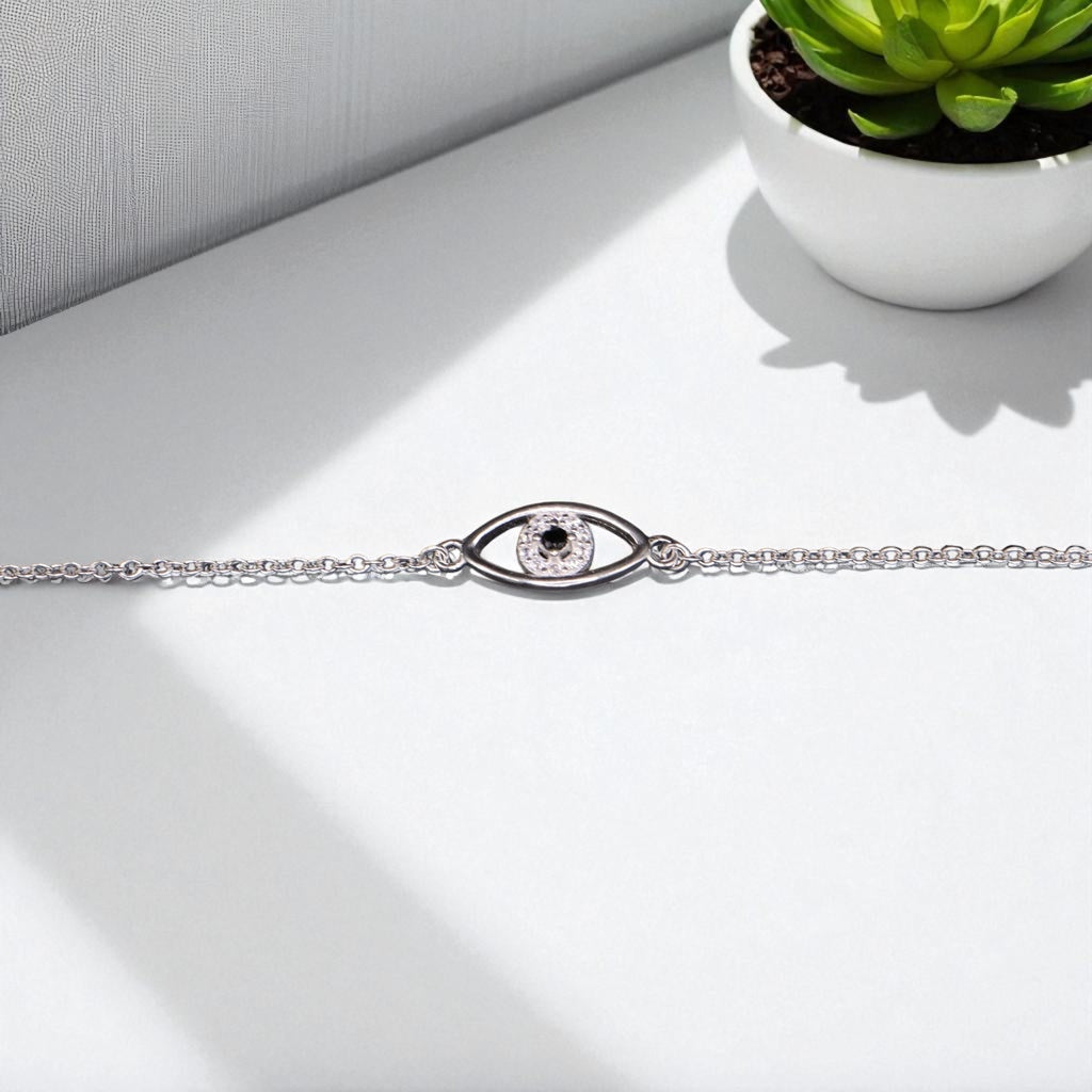 Pulso De Plata .925 Estilo Barbado Con Ojo Negro 19.5 cm