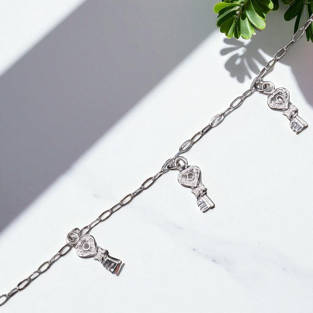 Pulso De Plata .925 Estilo Barbado Con Dijes De Llave 17.5 cm