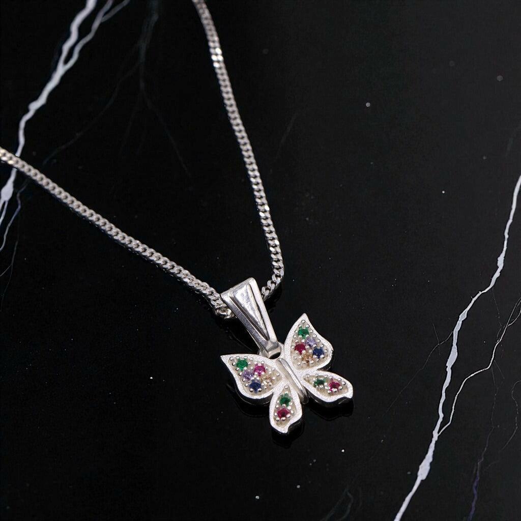 Dije Mariposa Multicolor + Cadena en Plata .925