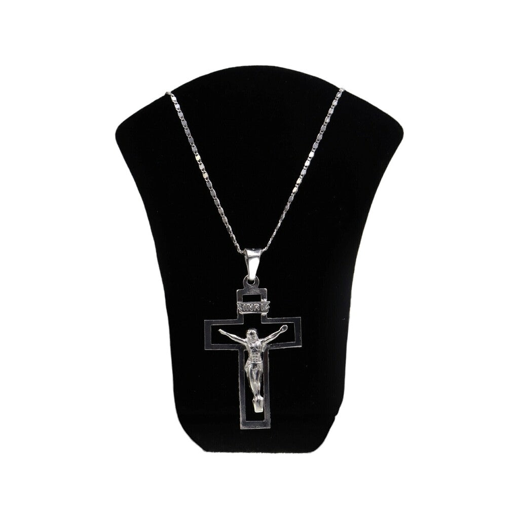 Dije Jesus Con Controno De Cruz Grande + Cadena en Plata .925