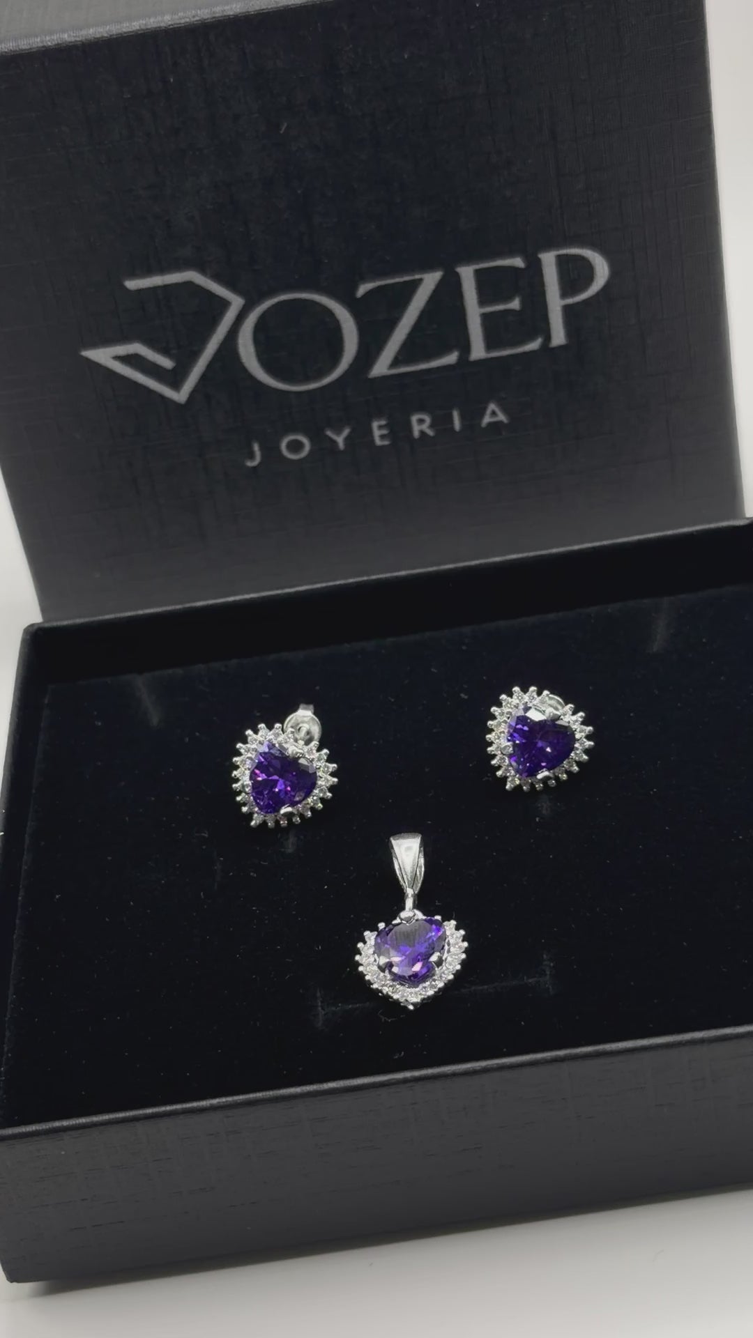 Aretes + Cadena + Dije  Corazón Morado en Plata .925