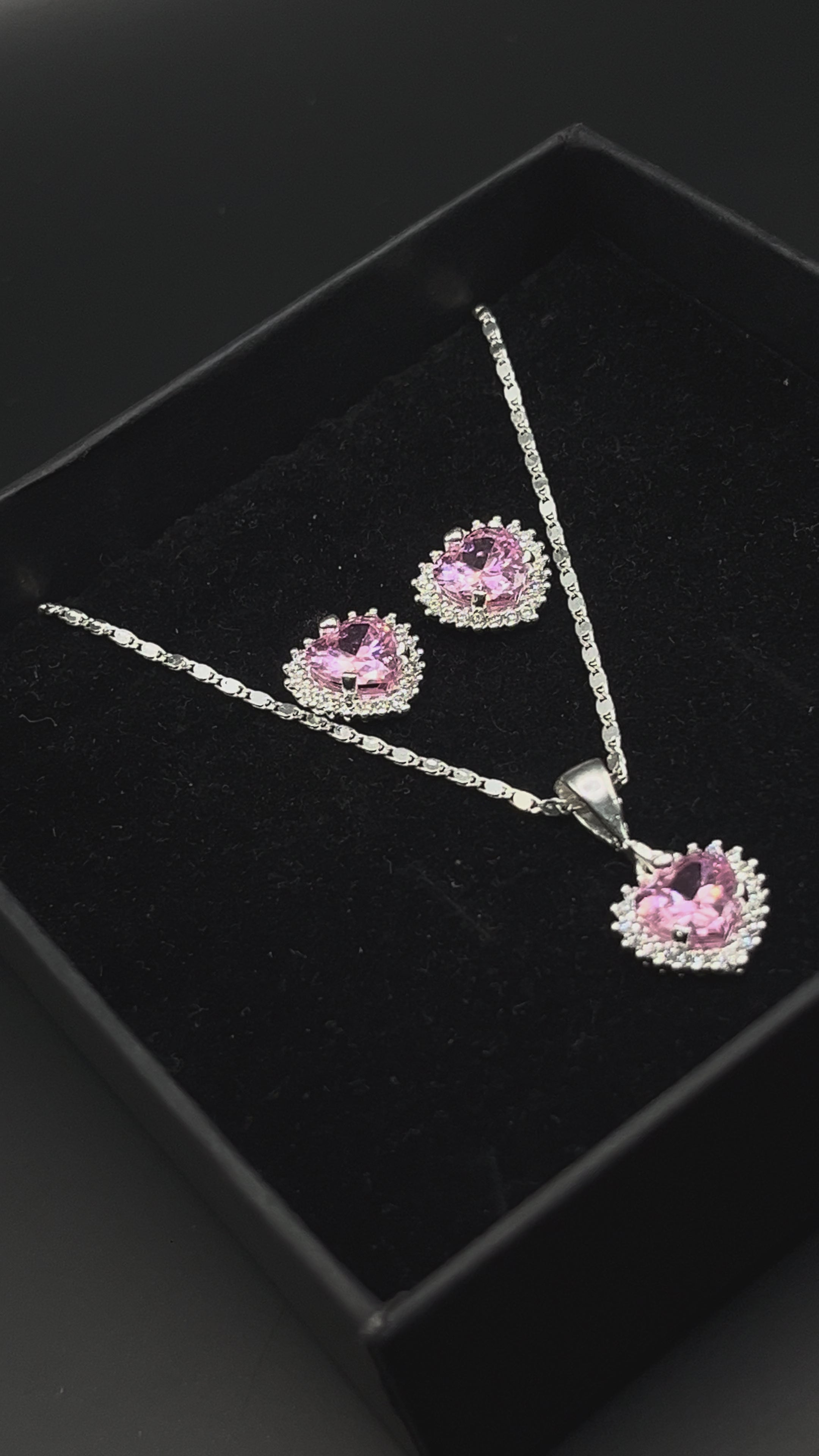 Aretes + Cadena + Dije Corazon Rosa de Plata .925