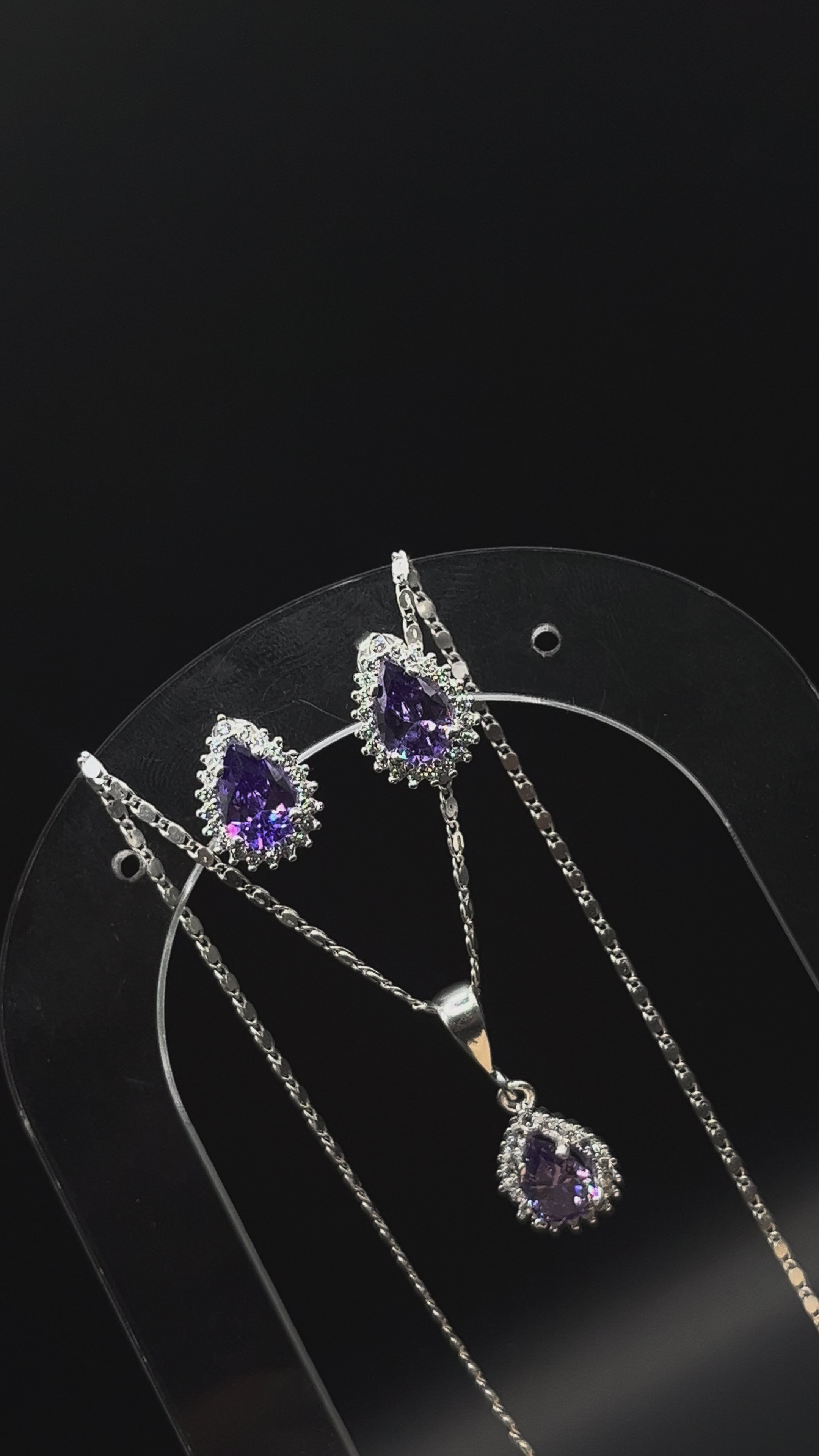 Aretes + Cadena + Dije Gota Morada de Plata .925