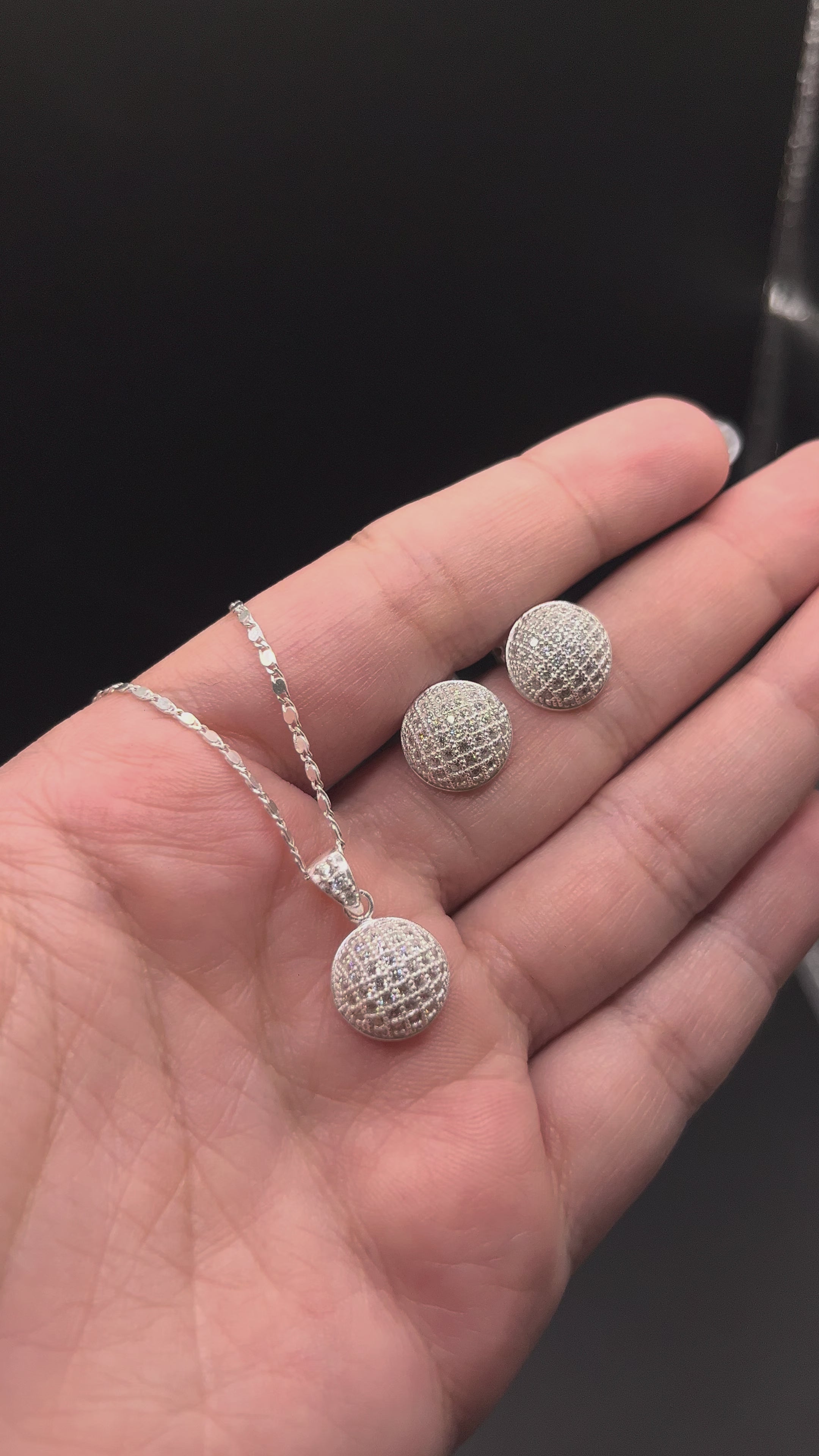 Aretes + Cadena + Dije Esfera Pavé de Plata .925