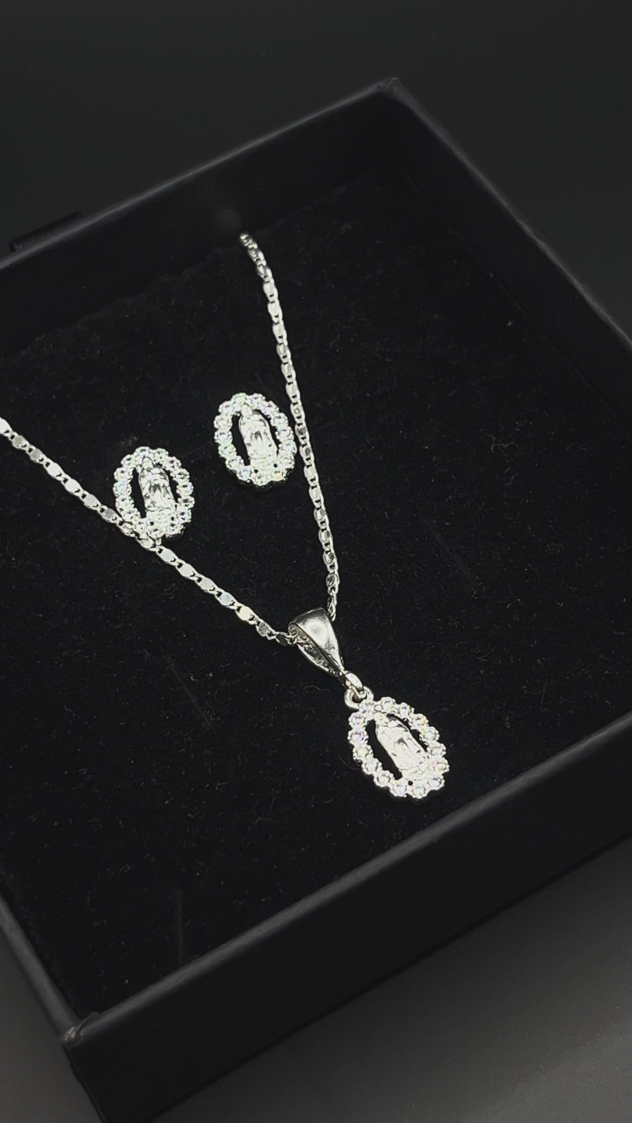 Aretes + Cadena + Dije Mini Virgen Con Circonia de Plata .925
