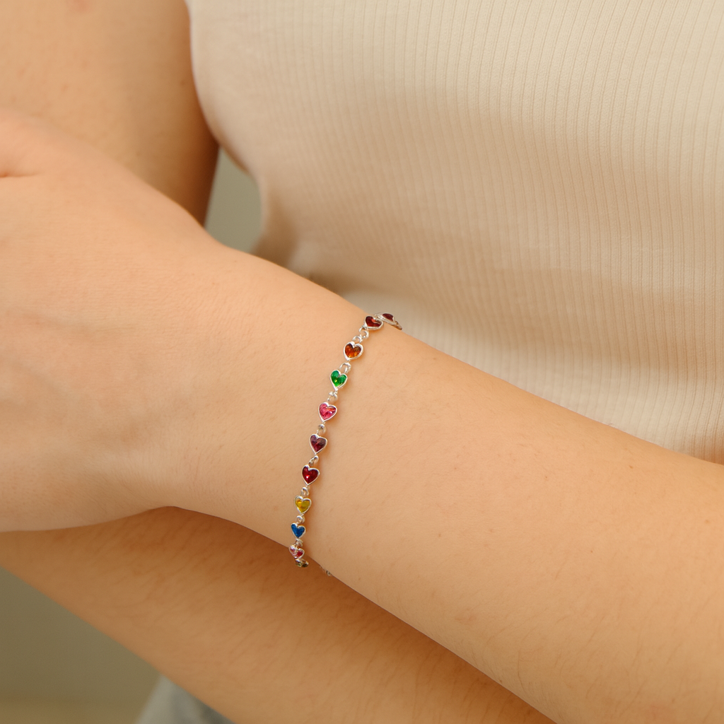 Pulso Corazones Multicolor De Plata .925 19.5 cm