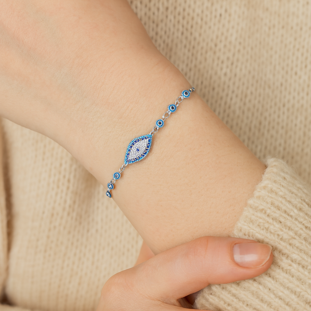 Pulso Ojo Turco Azul Cielo De Plata .925 21.5 cm