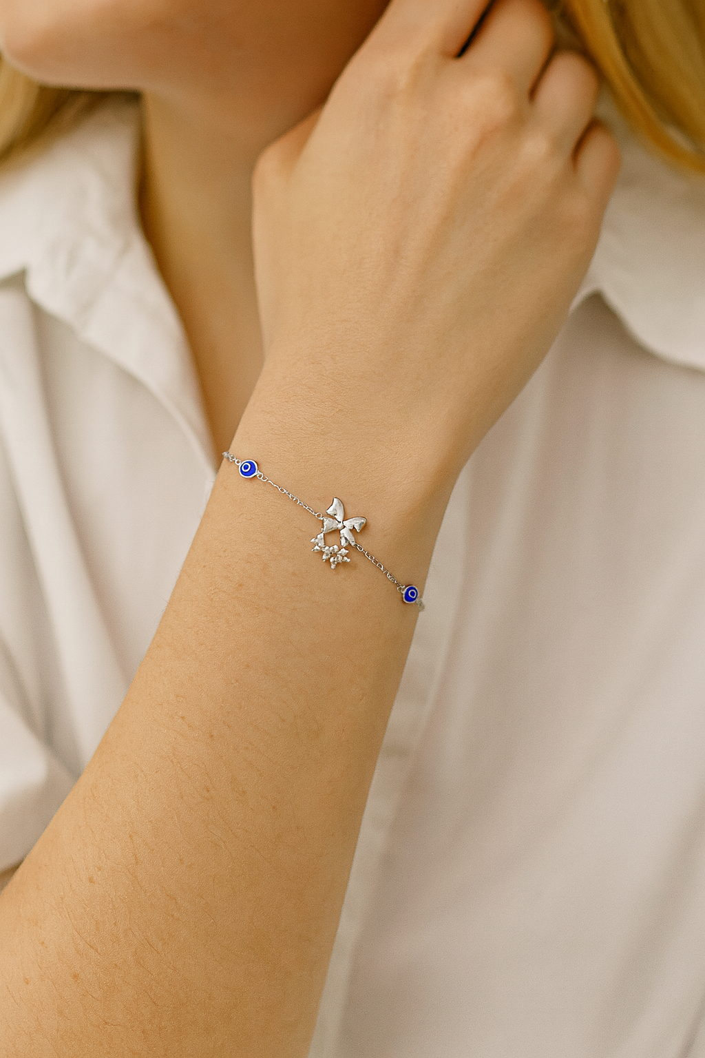 Pulso Ojo Turco Con 2 Mariposas De Plata .925 20 cm