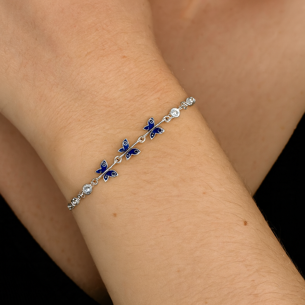 Pulso Ojo Turco Mariposas De Plata .925 21.5 cm