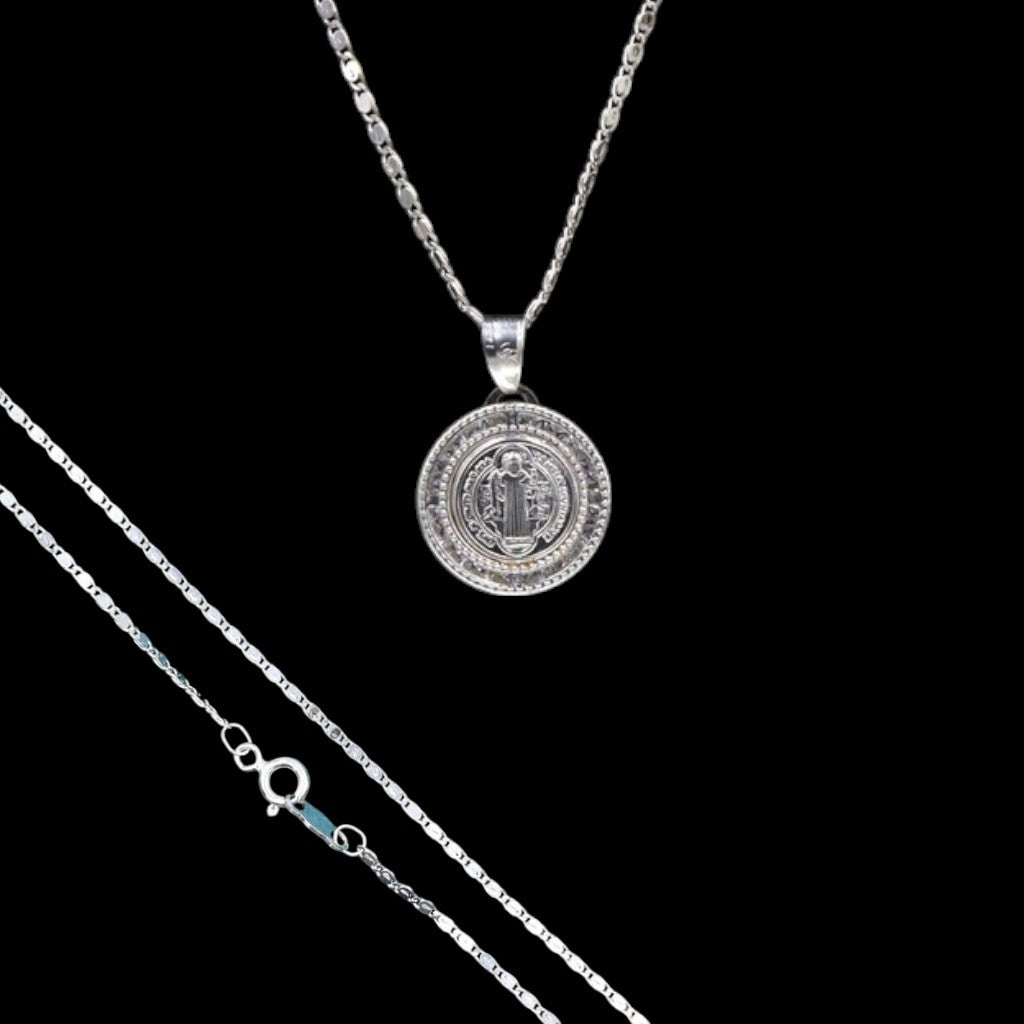 Medalla San Benito Circular + Cadena en Plata .925