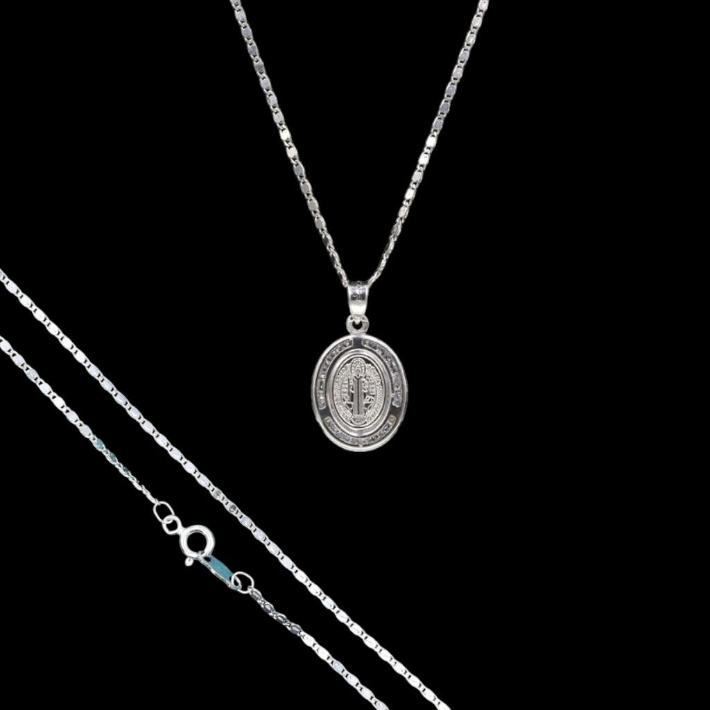 Medalla de San Benito Ovalada + Cadena en Plata .925
