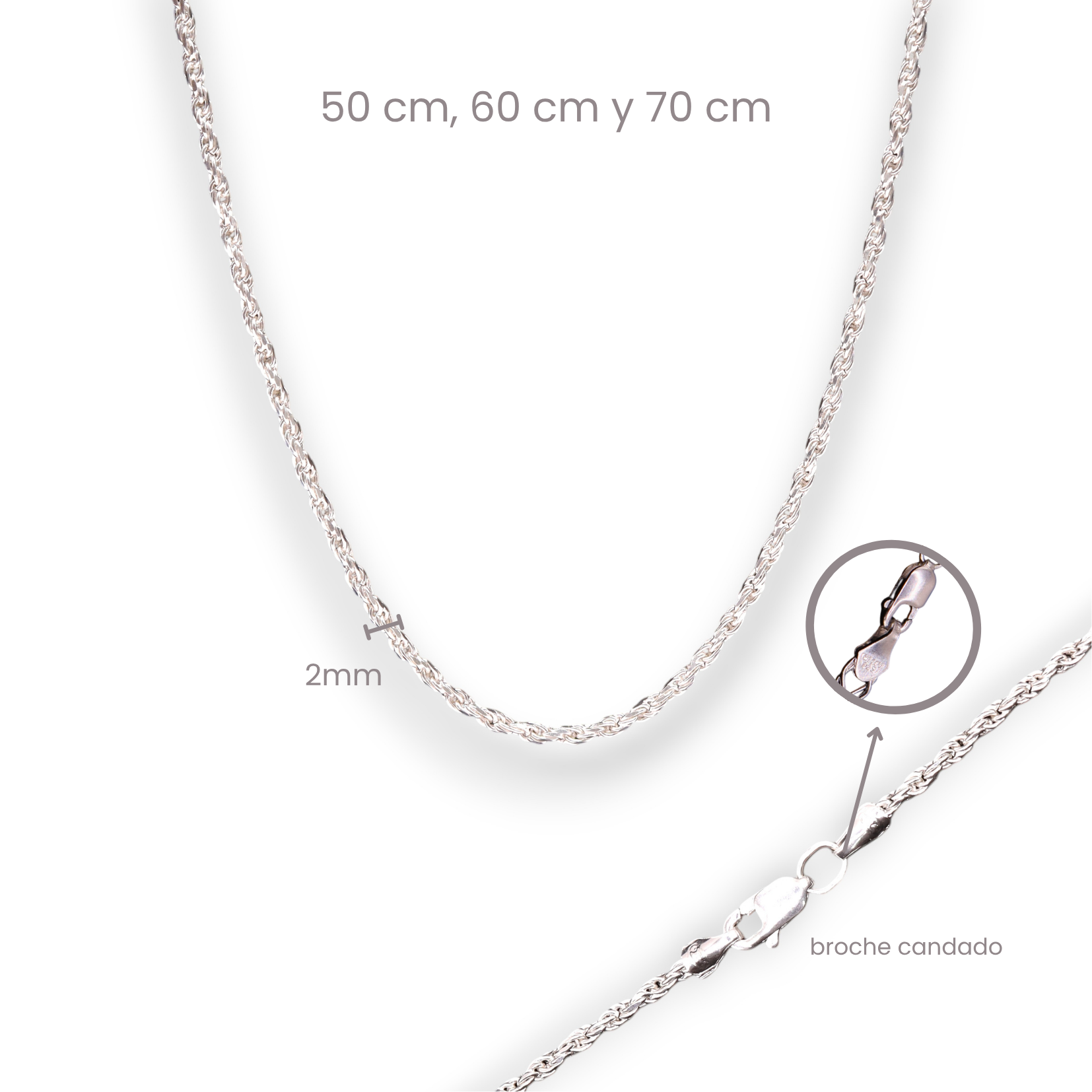 Cadena Torzal 2 mm Plata .925 50, 60 o 70 cm | Jozep Joyería