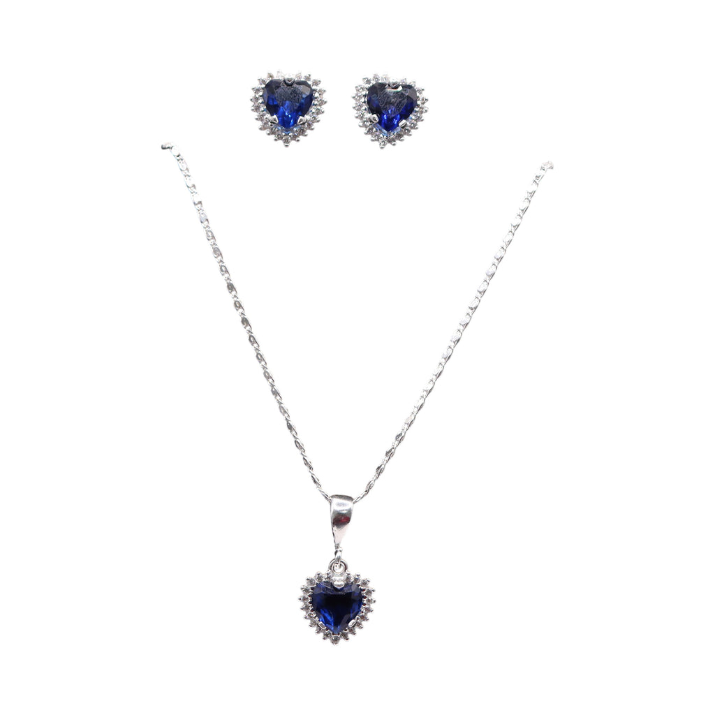 Aretes C/ Cadena Dije Corazón Azul en Plata .925