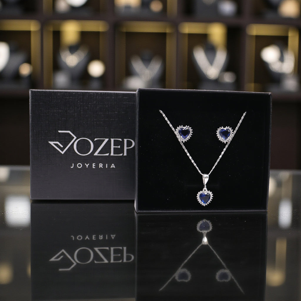 Aretes C/ Cadena Dije Corazón Azul en Plata .925