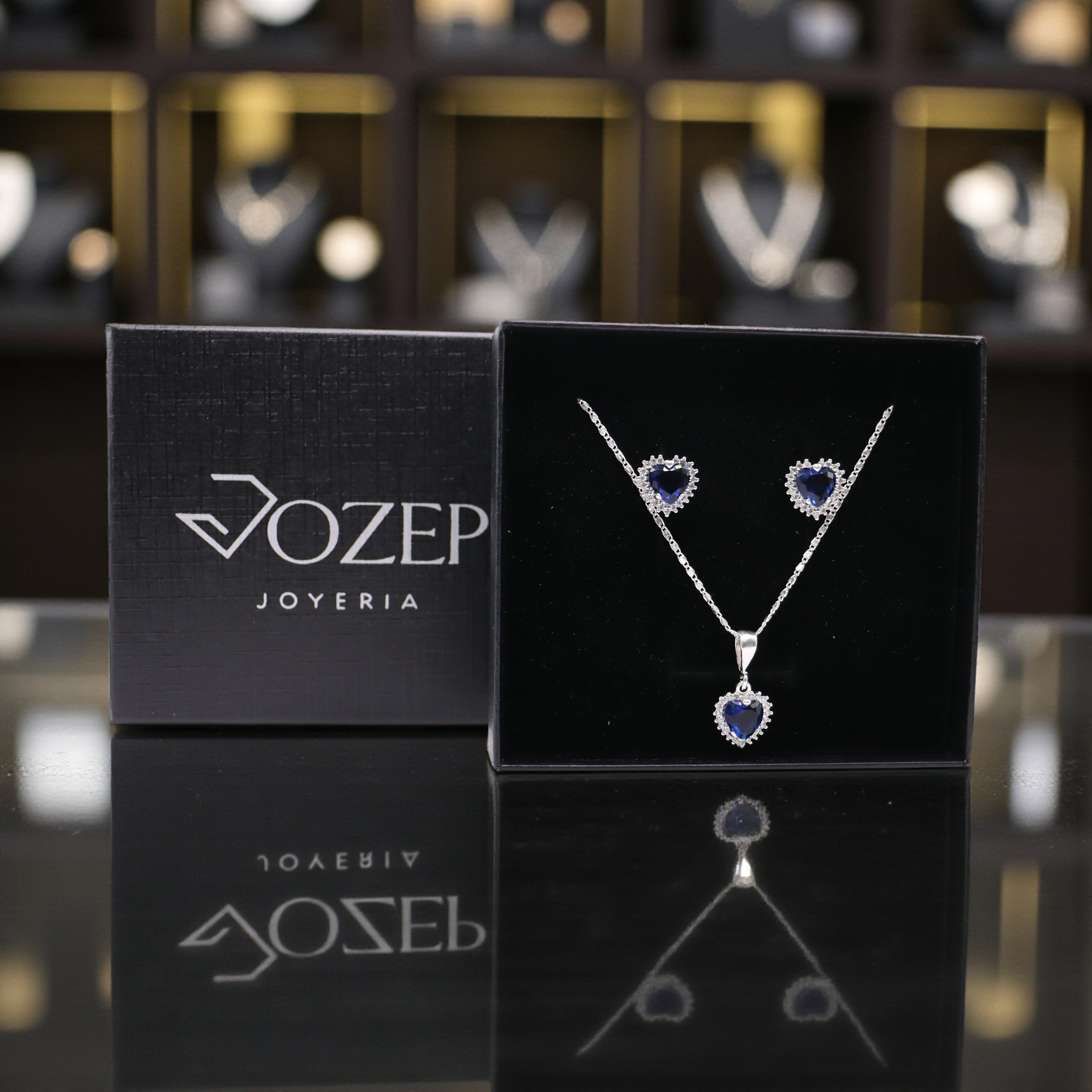 Aretes C/ Cadena Dije Corazón Azul en Plata .925