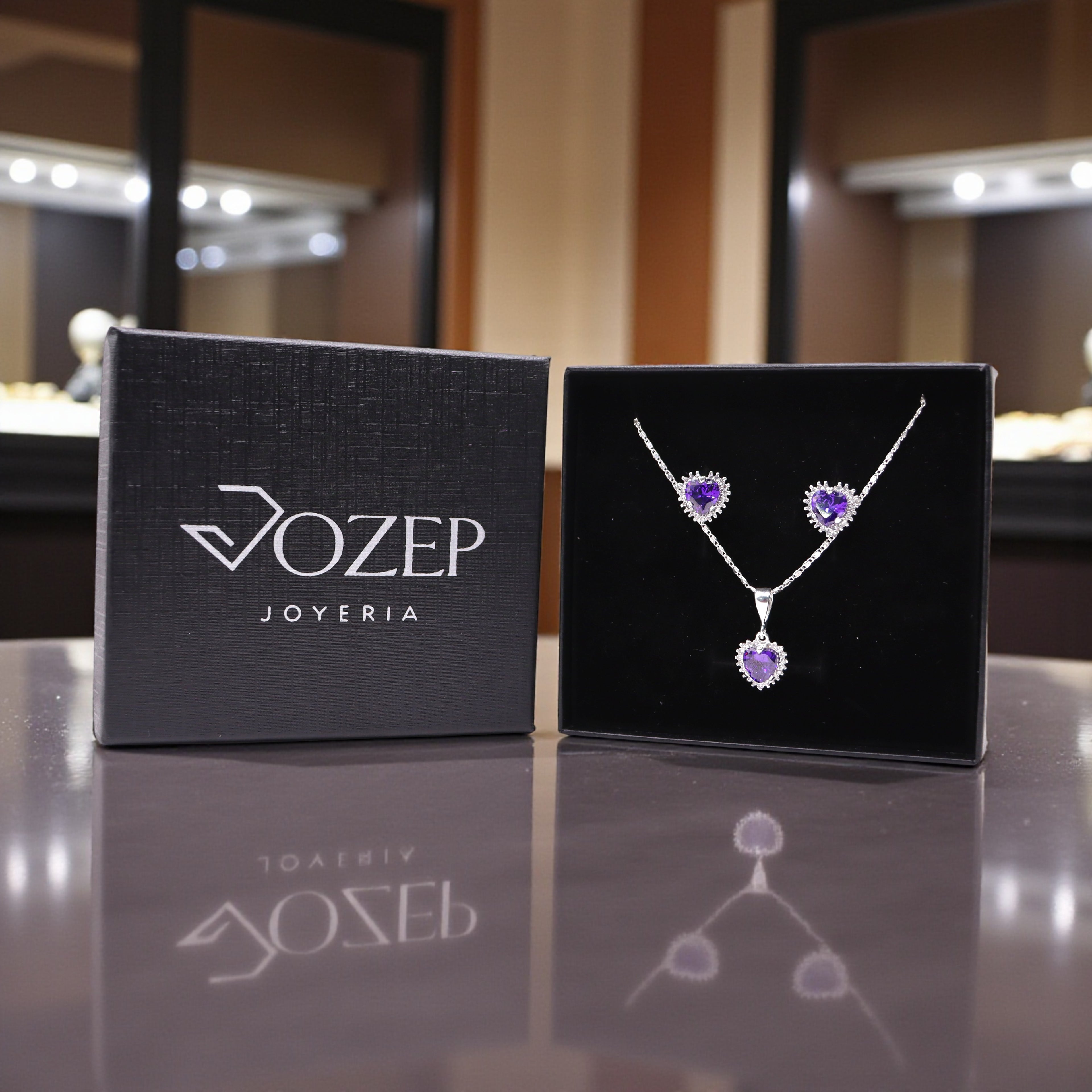 Aretes C/ Cadena Dije Corazón Morado en Plata .925