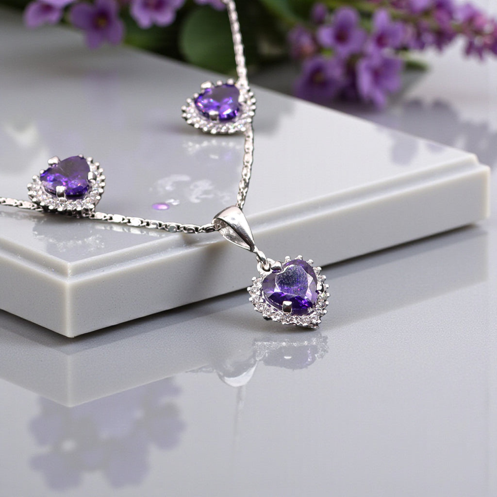 Aretes C/ Cadena Dije Corazón Morado en Plata .925