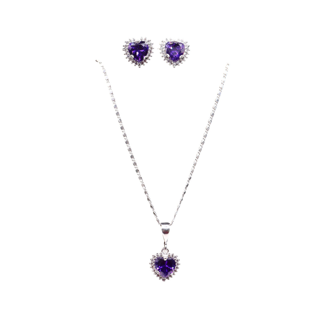 Aretes C/ Cadena Dije Corazón Morado en Plata .925