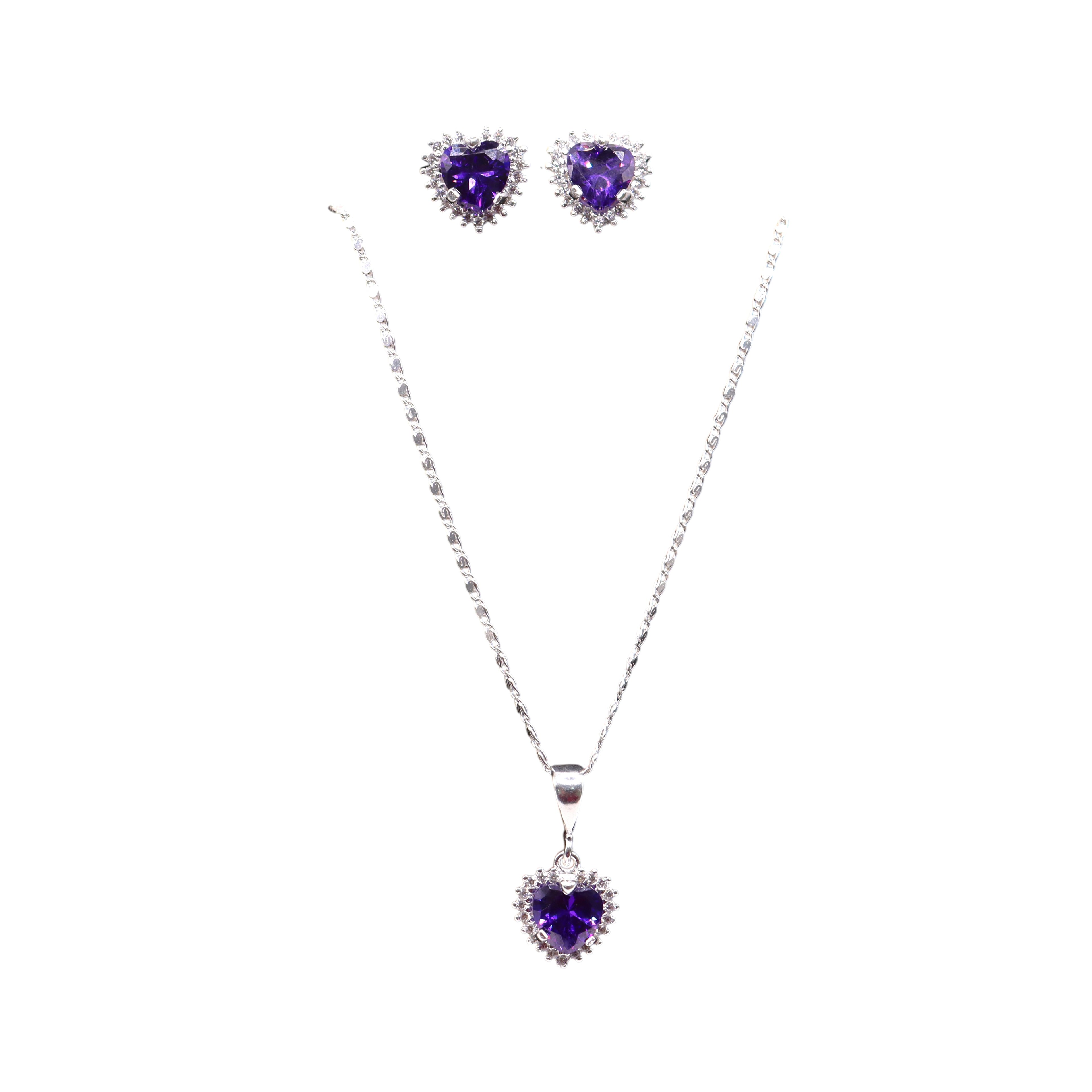 Aretes C/ Cadena Dije Corazón Morado en Plata .925