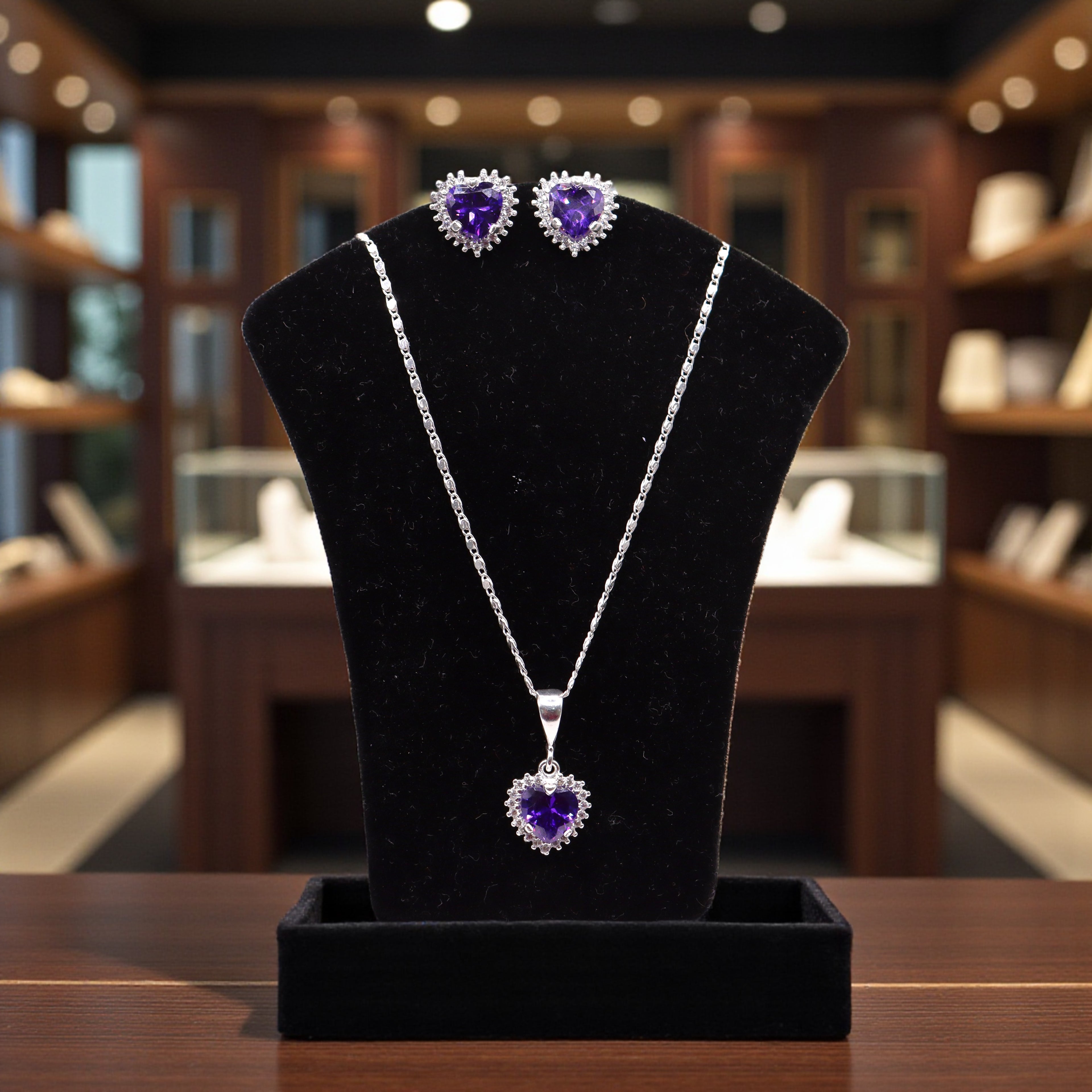 Aretes C/ Cadena Dije Corazón Morado en Plata .925