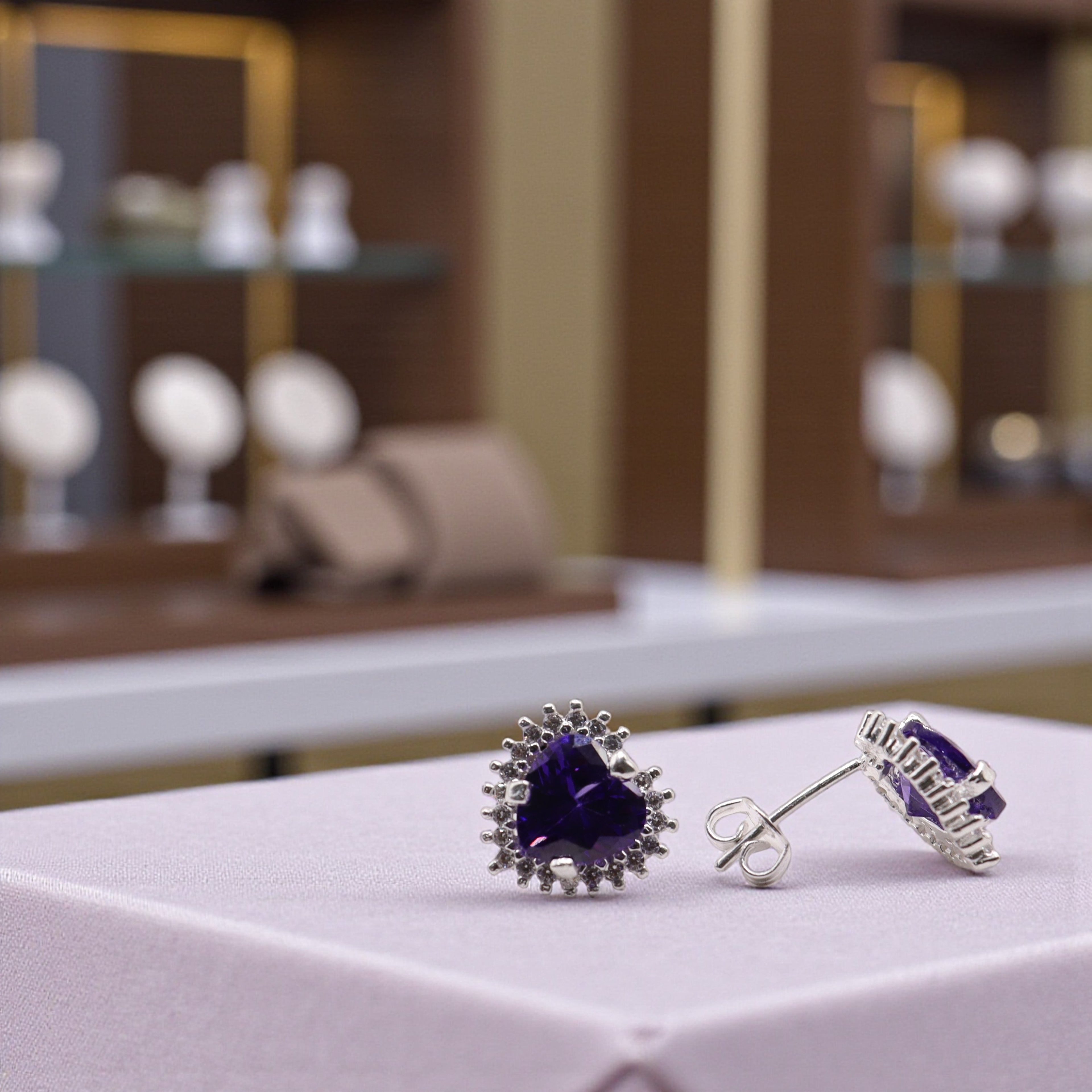 Aretes C/ Cadena Dije Corazón Morado en Plata .925