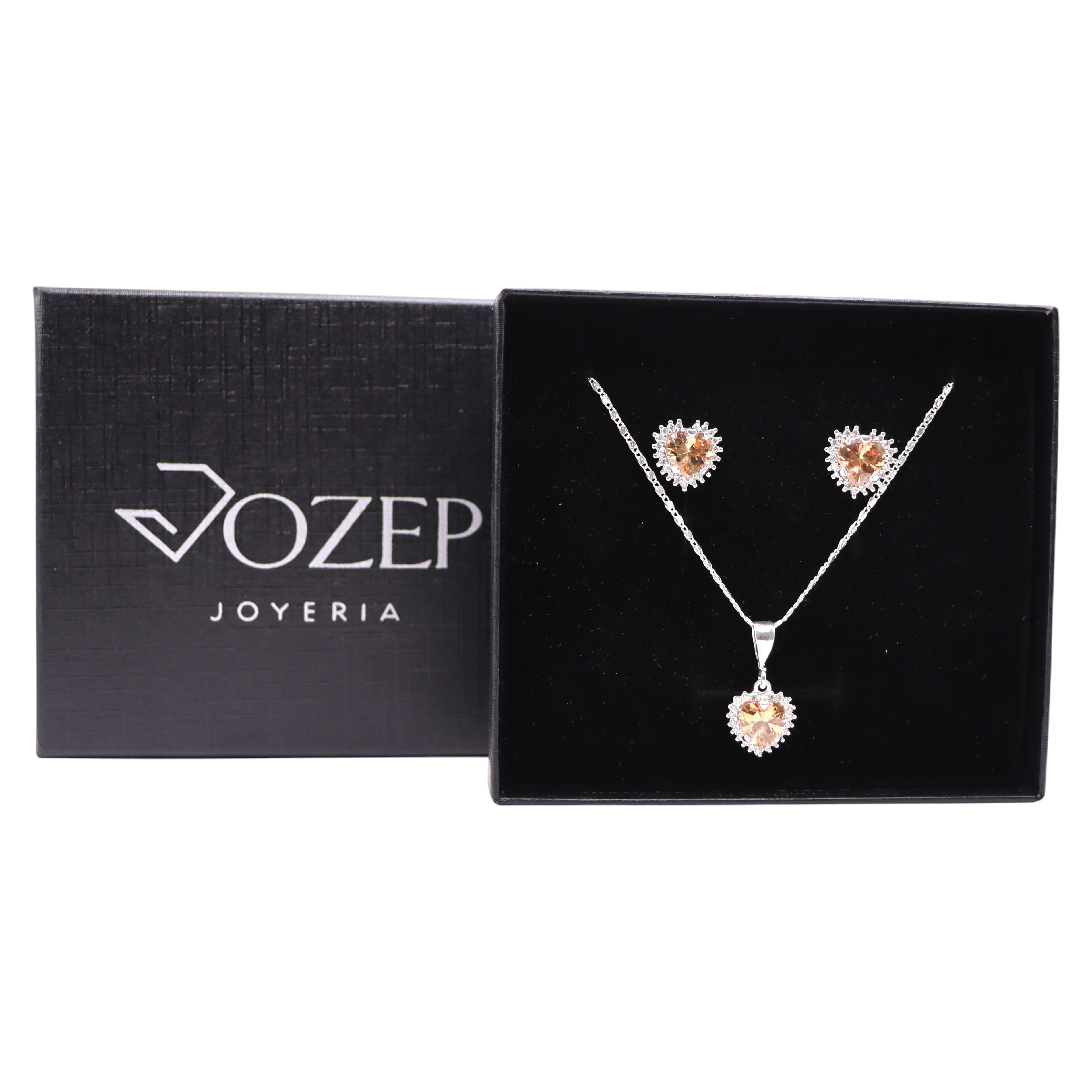 Aretes C/ Cadena Dije Corazón Naranja en Plata .925