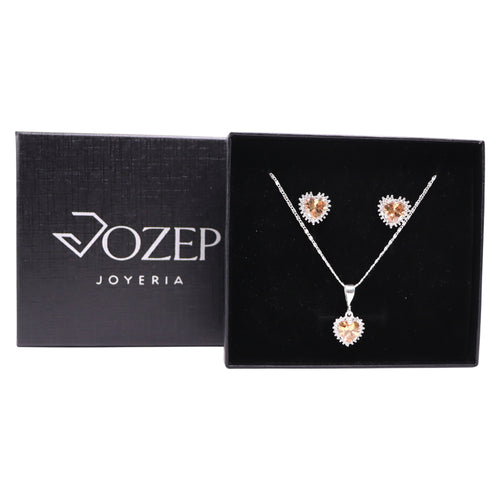 Aretes + Cadena + Dije  Corazón Naranja en Plata .925