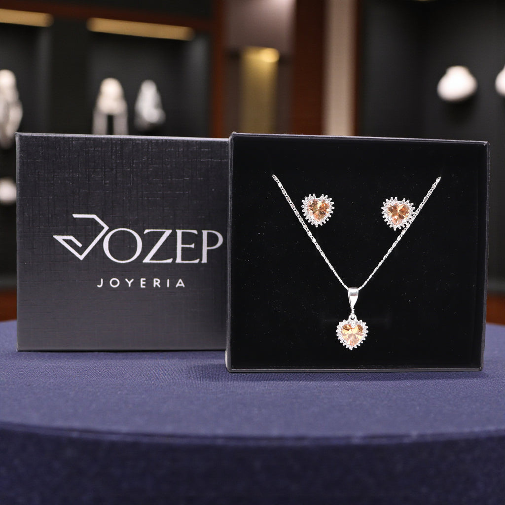 Aretes C/ Cadena Dije Corazón Naranja en Plata .925