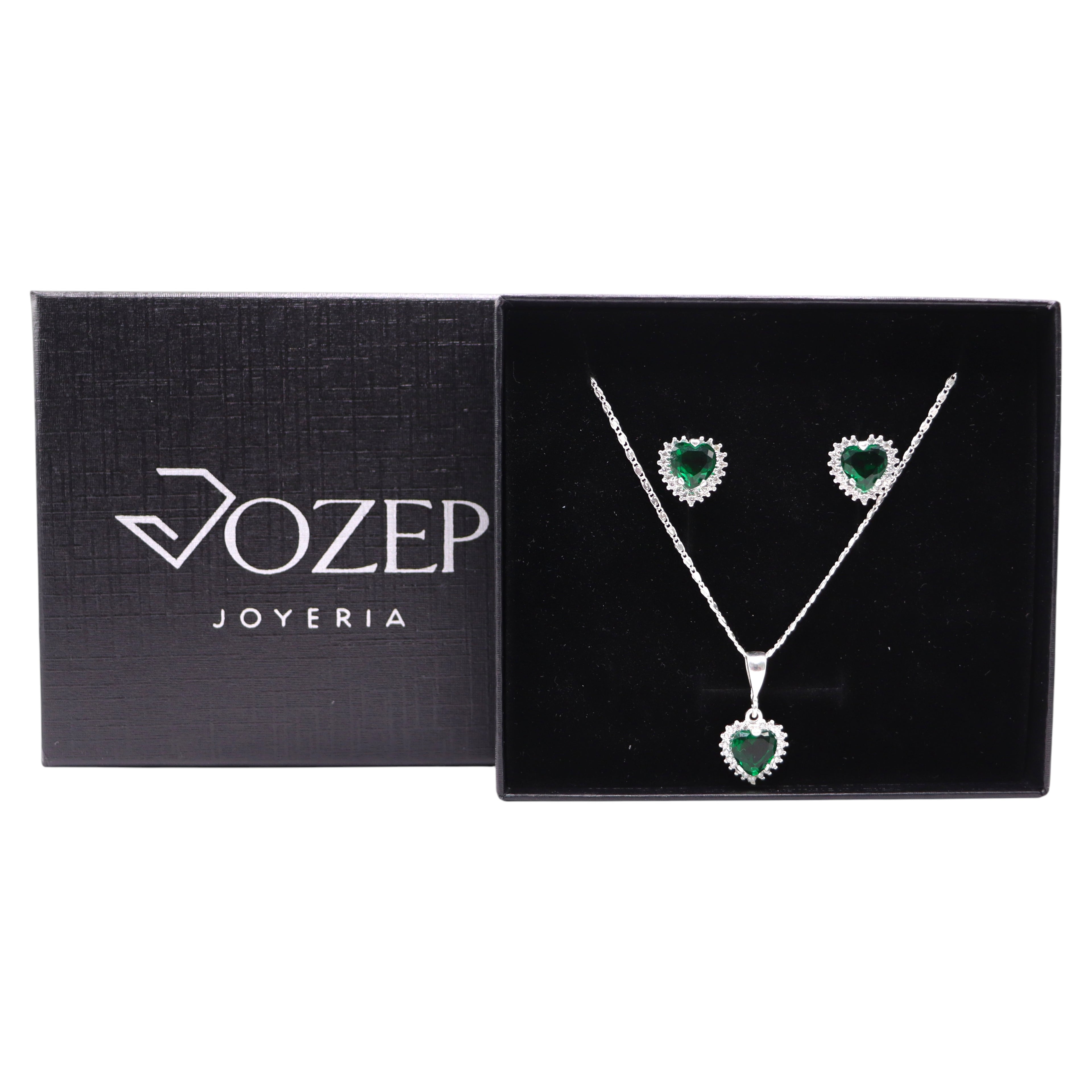 Aretes C/ Cadena Dije Corazón Verde en Plata .925