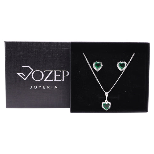 Aretes + Cadena + Dije  Corazón Verde en Plata .925
