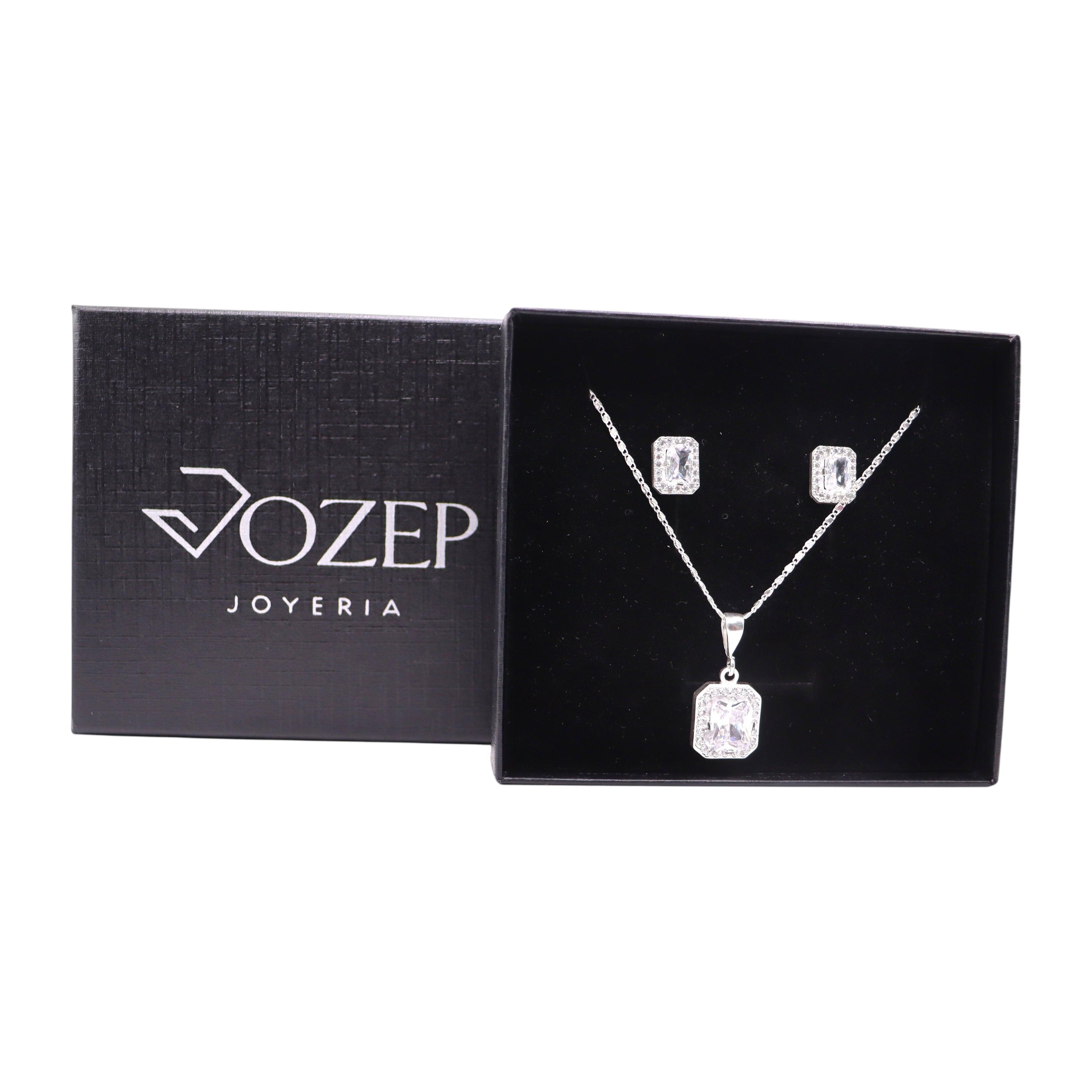 Aretes C/ Cadena Dije Cuadro Blanco en Plata .925