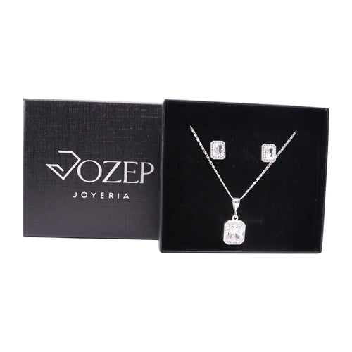 Aretes + Cadena + Dije  Cuadro Blanco en Plata .925